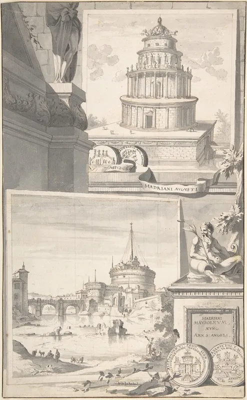 Reconstruction Of The Mausoleum Of Hadrian Above And A View Of The Castel S Angelo Below Wall Art by Jan Goeree - High-Resolution Digital Print