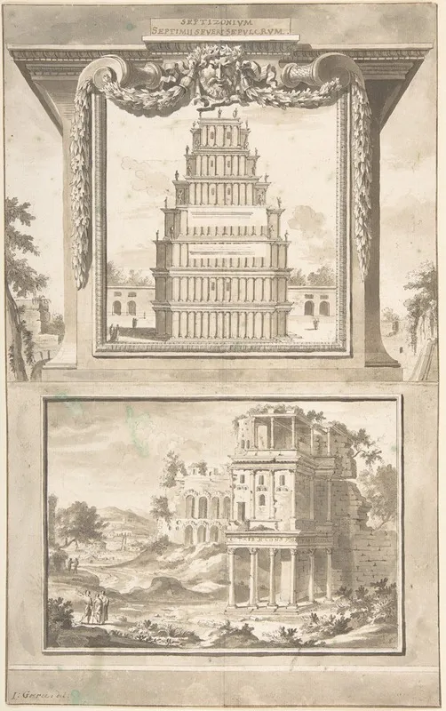Reconstruction Of The Monument To Septimius Severus Above View Of The Ruins Below Wall Art by Jan Goeree - High-Resolution Digital Print
