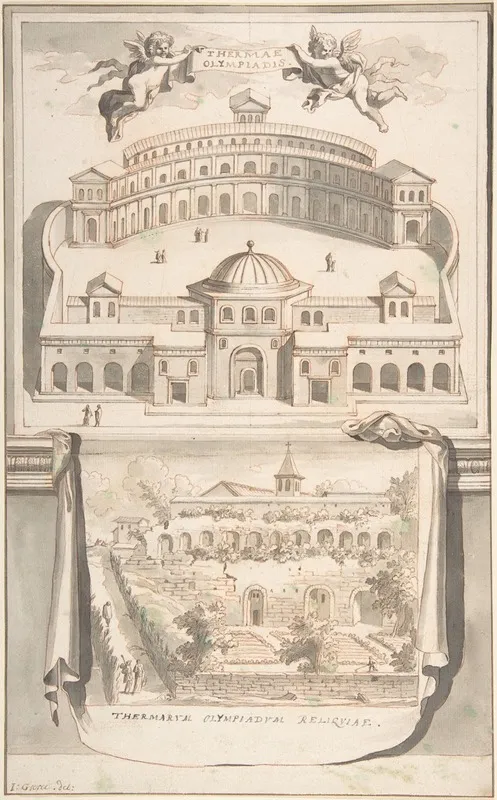 Reconstruction Of The Thermae Olympiadis Above And View Of The Ruins Below Wall Art by Jan Goeree - High-Resolution Digital Print