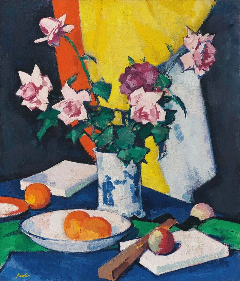 Red And Pink Roses Oranges And Fan Wall Art by Samuel John Peploe - High-Resolution Digital Print