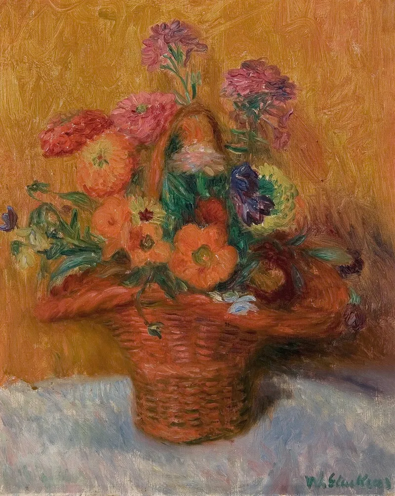 Red Basket Of Zinnias Wall Art by William James Glackens - High-Resolution Digital Print