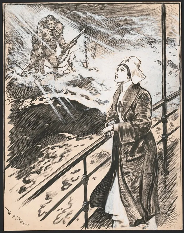 Red Cross Nurse Standing At The Railing Of A Ship Has A Vision Of Wounded Soldiers Across A Stormy Sea