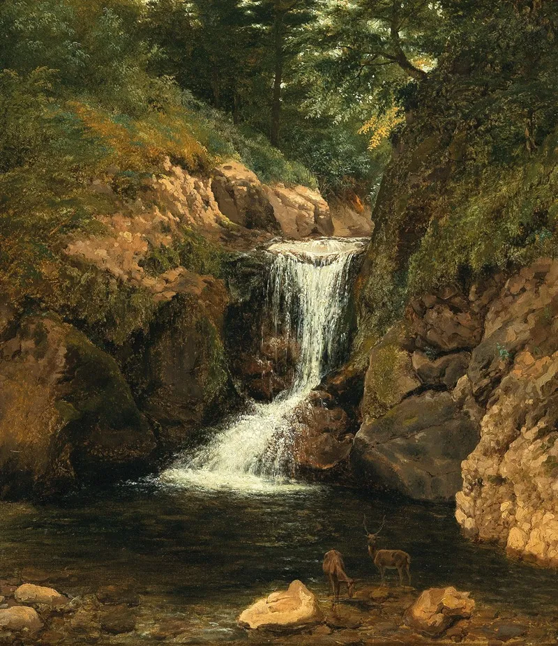 Red Deer By A Pond Wall Art by Circle of Friedrich Gauermann - High-Resolution Digital Print