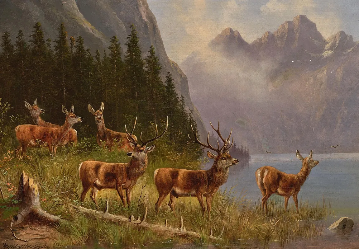 Red Deer On The Lakeside Signed In Ligature Dated Mmuller Munich