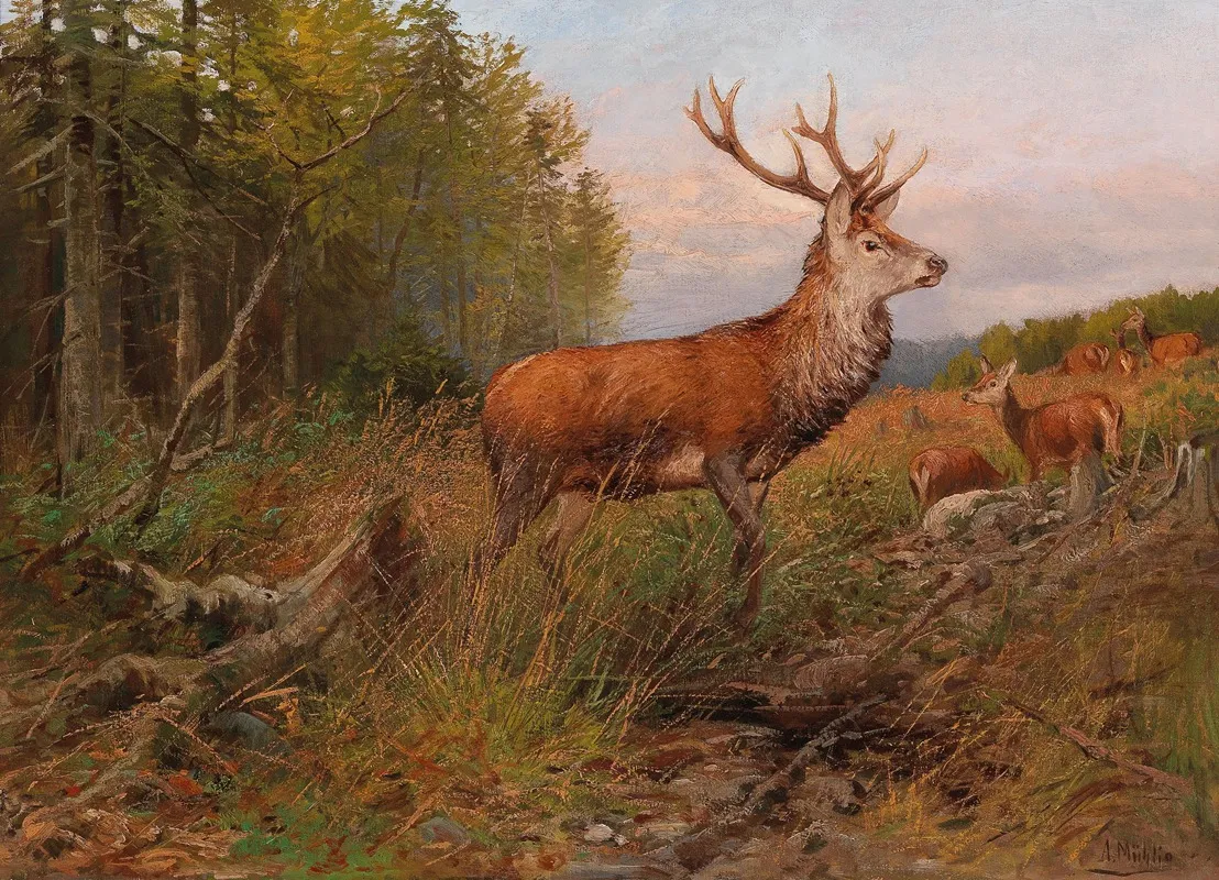 Red Deer On The Lookout Wall Art by Albert Ernst Mühlig - High-Resolution Digital Print