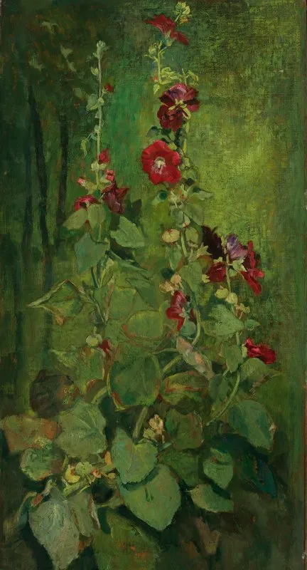 Red Hollyhocks Wall Art by John La Farge - High-Resolution Digital Print