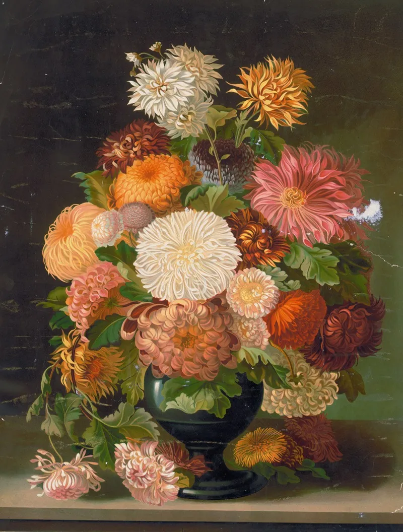 Red Orange White And Pink Flowers In A Black Vase