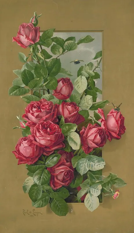 Red Roses Growing Through A Window Wall Art by Paul de Longpre - High-Resolution Digital Print