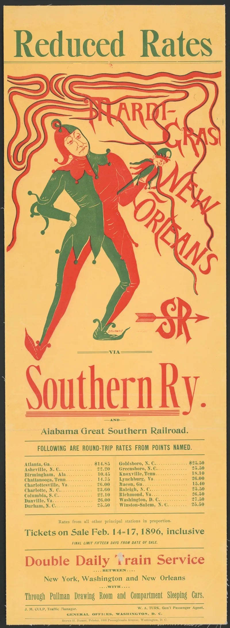 Reduced Rates Mardi Gras New Orleans Via Southern Ry And Alabama Great Southern Railroad Wall Art by H. Sophie Loury - High-Resolution Digital Print