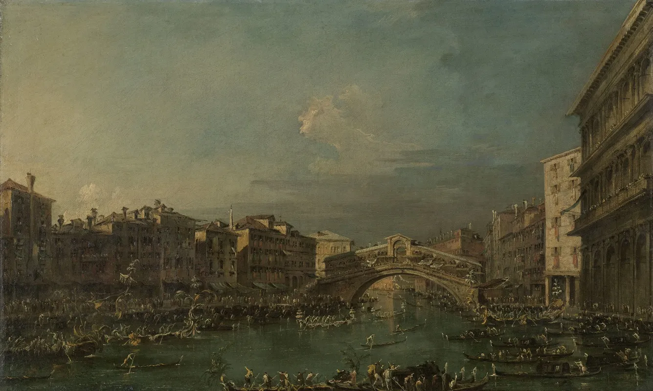 Regatta On The Grand Canal Near The Rialto Bridge Venice Wall Art by Francesco Guardi - High-Resolution Digital Print