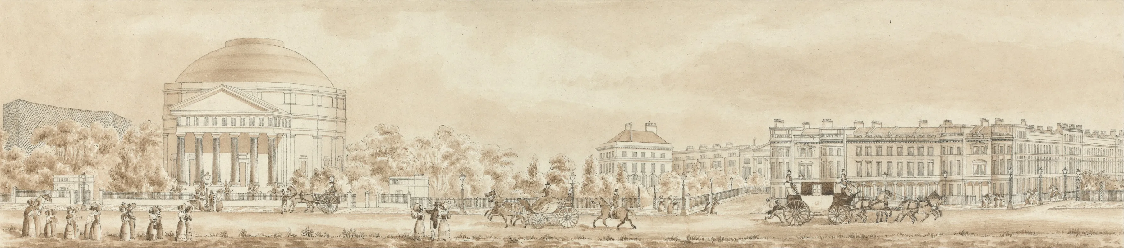Regents Park London The Colosseum Clergys Orphans School And St Andrews Place With Figures And Coaches Wall Art by Richard Morris - High-Resolution Digital Print