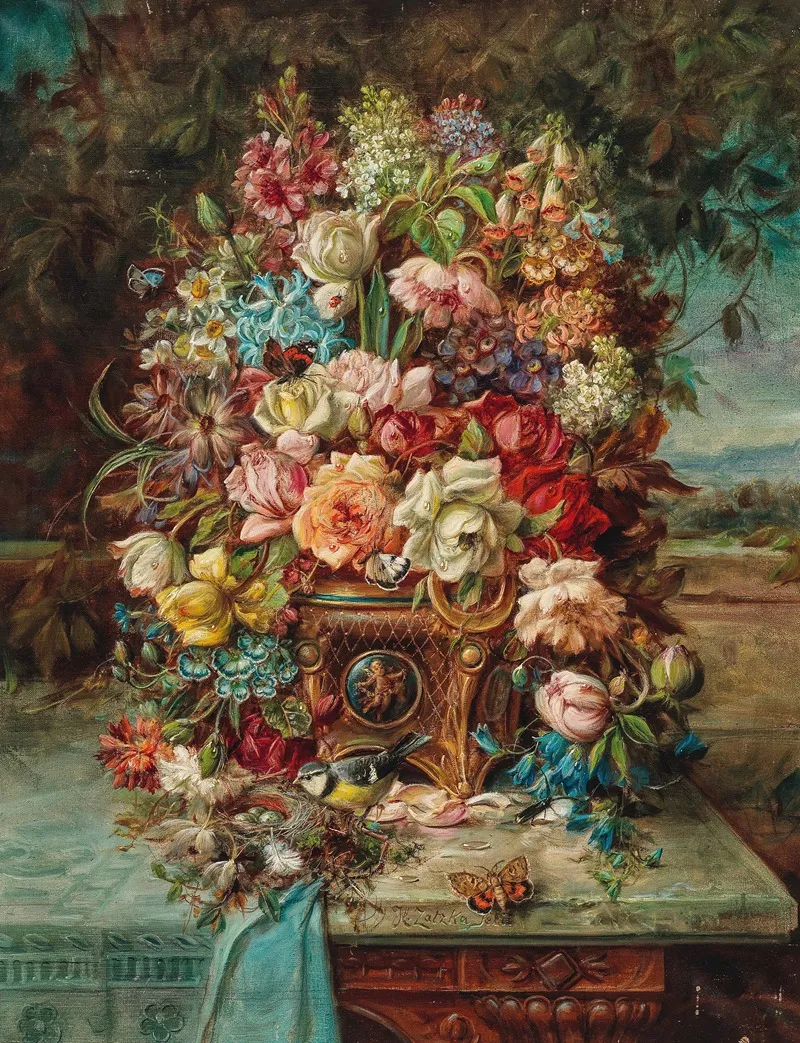 Reiches Blumenstillleben Mit Blaumeise Vor Einer Weiten Landschaft Wall Art by Hans Zatzka - High-Resolution Digital Print