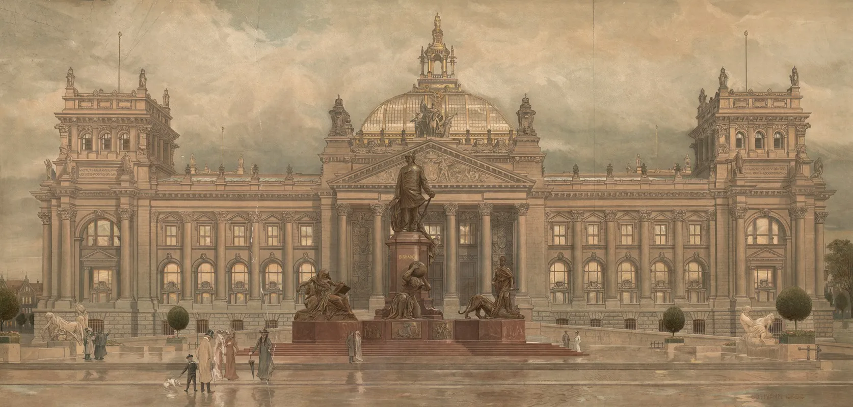 Reichstagsgebaude Und Bismarckdenkmal In Berlin Abendstimmung Nach Dem Regen