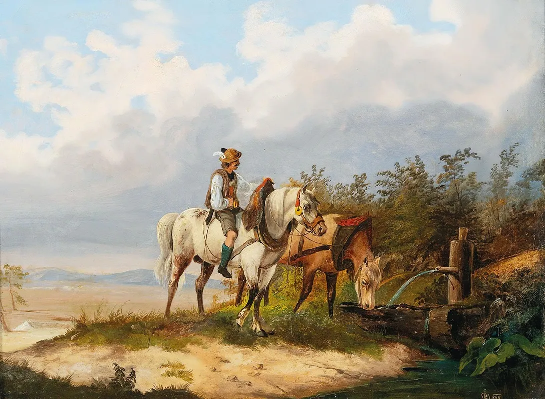 Reiter Mit Pferden Bei Der Tranke Wall Art by Alois Bach - High-Resolution Digital Print