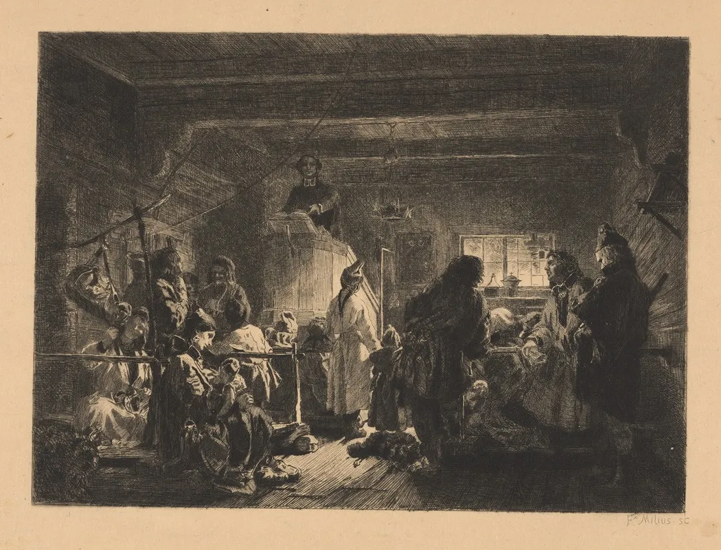 Religious Gathering In Rustic Church Wall Art by Félix-Augustin Milius - High-Resolution Digital Print