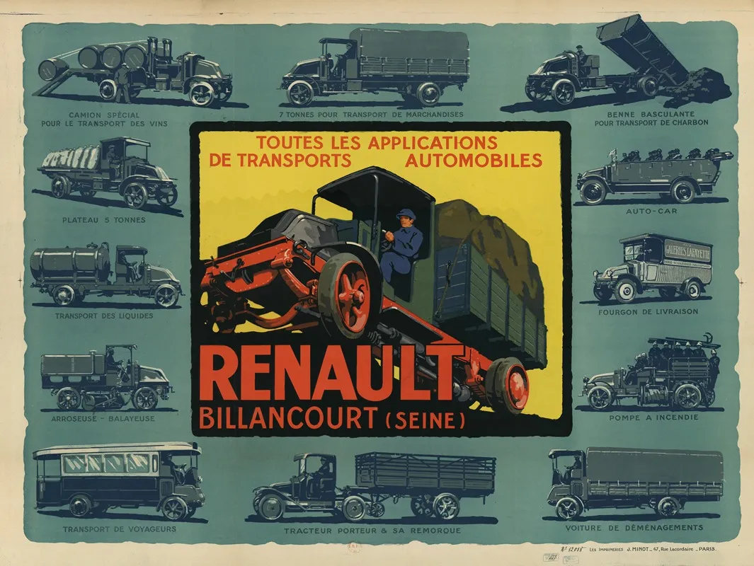 Renault Billancourt Toutes Les Applications De Transports Automobiles Wall Art by Imp. J. Minot - High-Resolution Digital Print