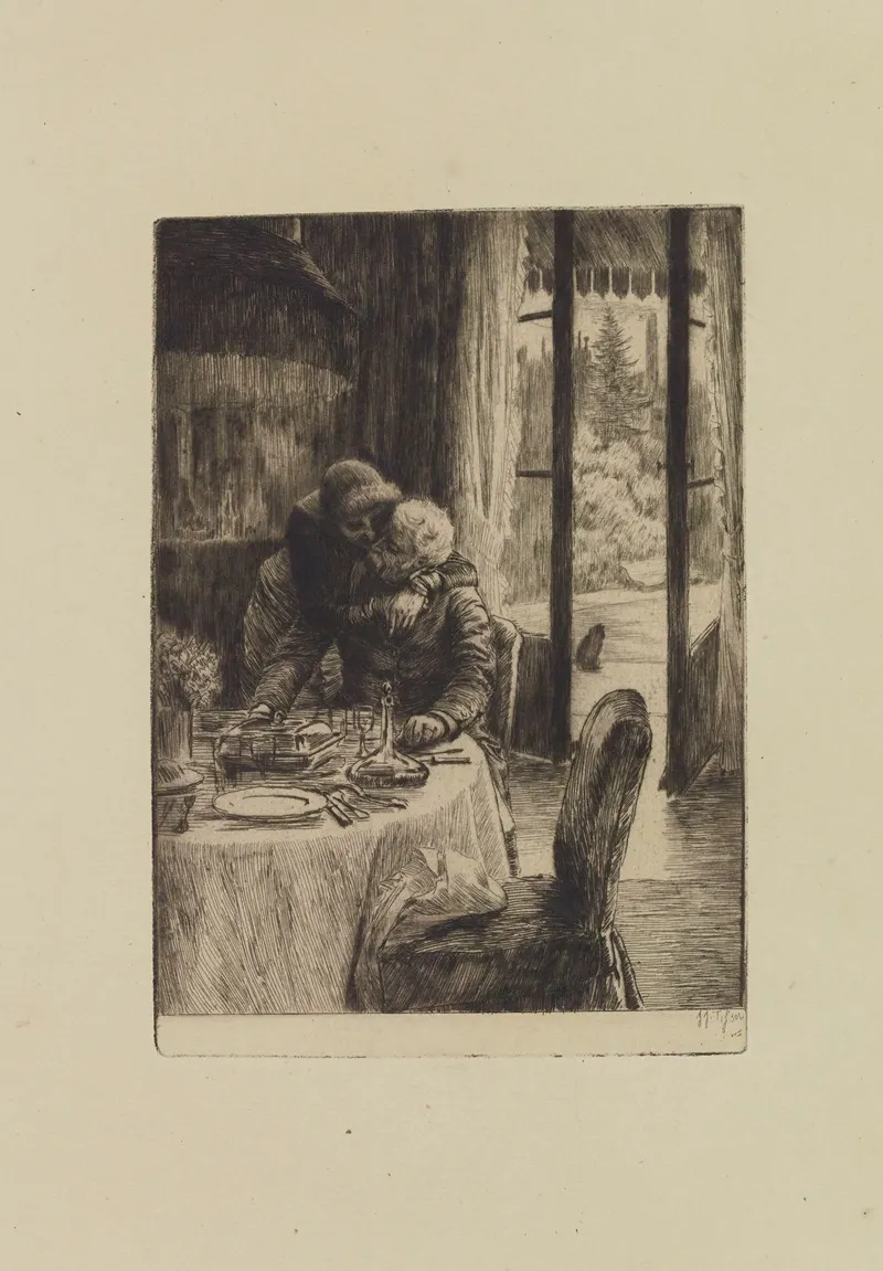 Renee Hugging Her Father As She Comes In To Breakfast Wall Art by James Tissot - High-Resolution Digital Print