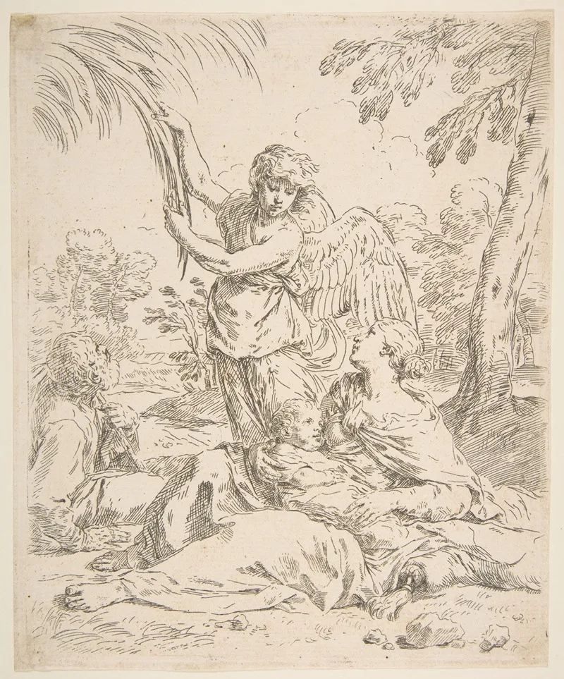 Repose In Egypt Mary Nursing The Infant Christ While An Angel Pulls At Tree Branches