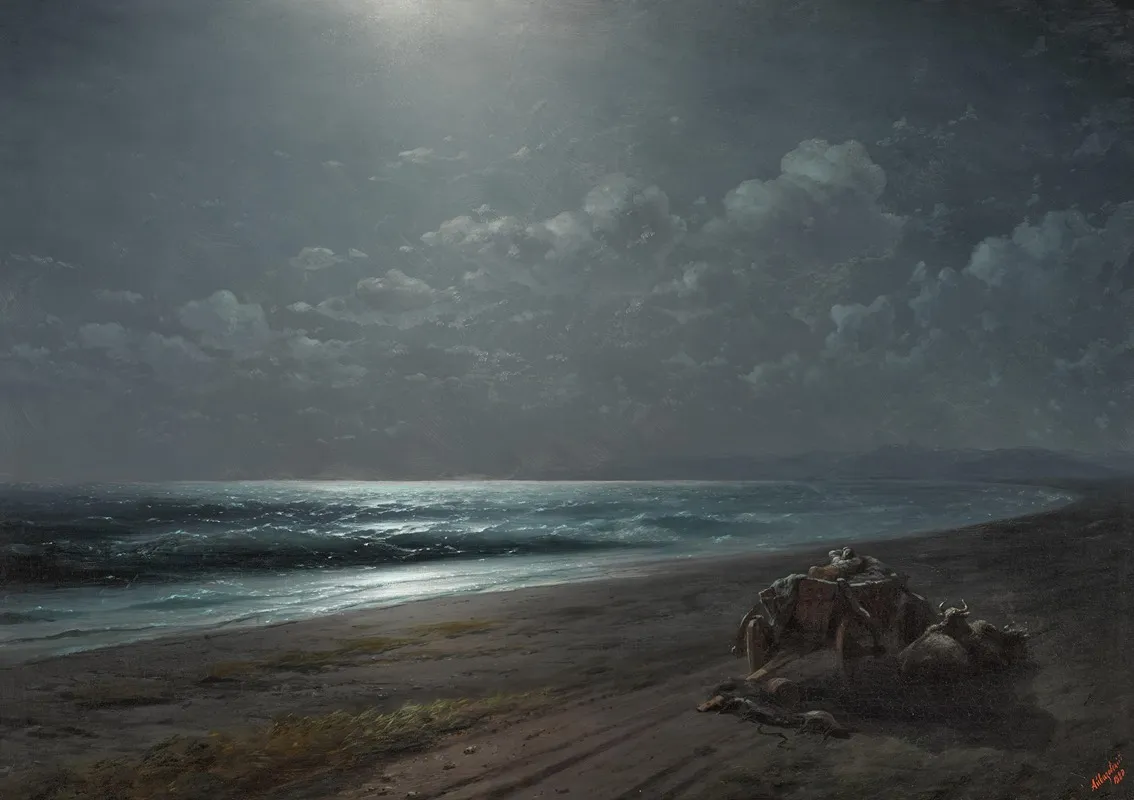 Rest By The Sea On A Moonlit Night Wall Art by Ivan Konstantinovich Aivazovsky - High-Resolution Digital Print
