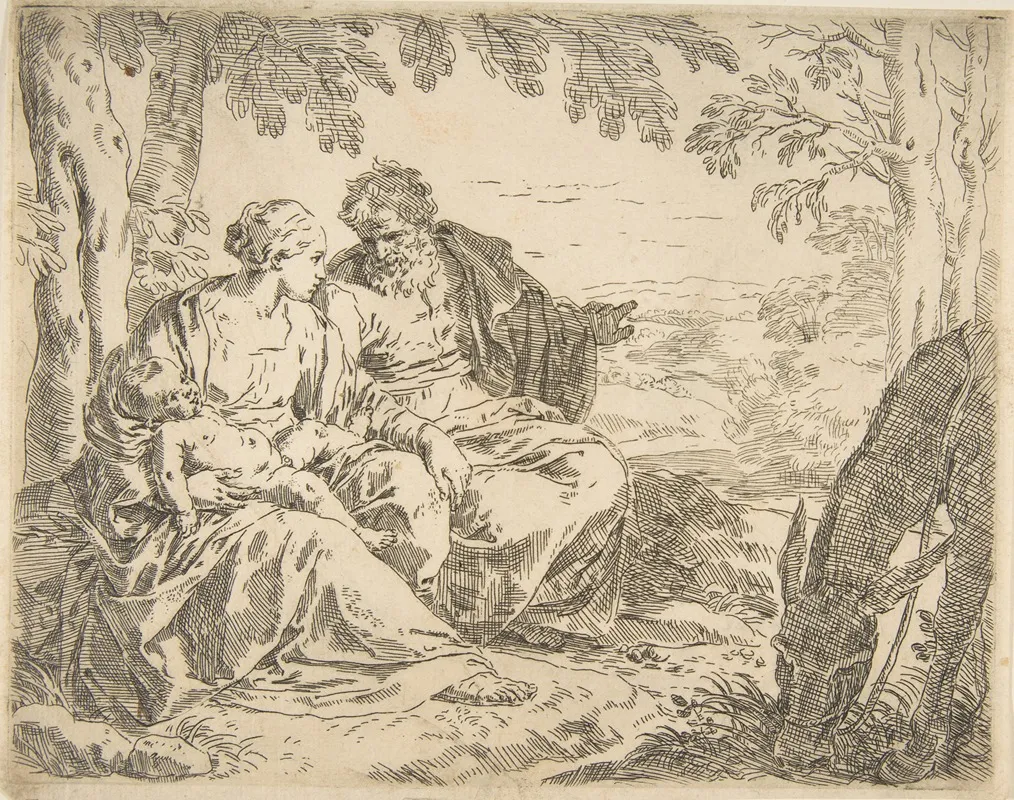 Rest On The Flight Into Egypt Mary Holding The Infant Christ While St Joseph Points Into The Distance