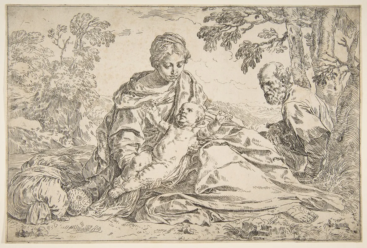 Rest On The Flight Into Egypt Mary Holding The Infant Christ With St Joseph At Right
