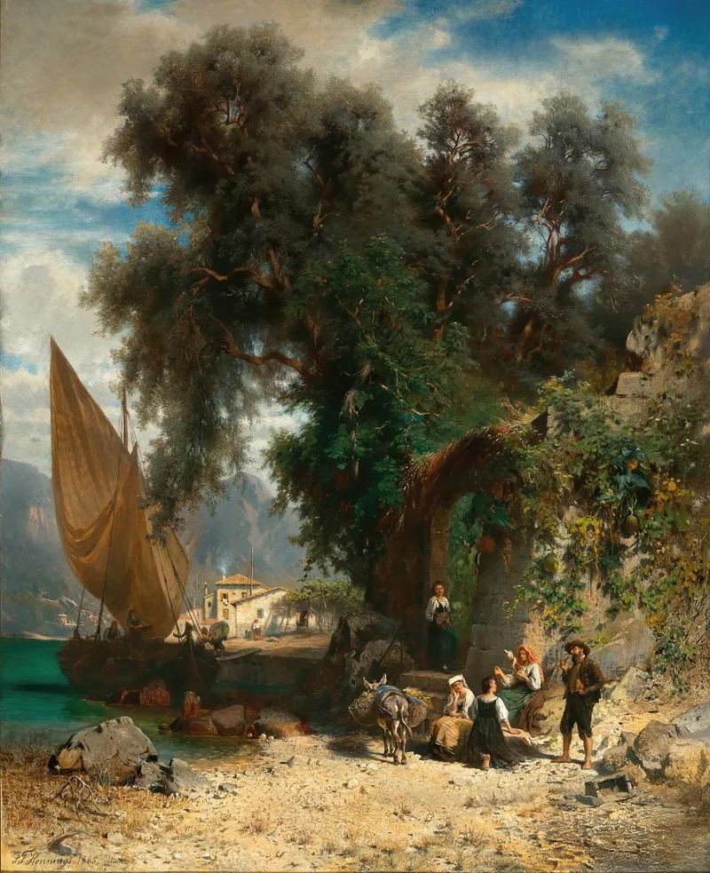 Resting At A North Italian Lakeshore Wall Art by Johann Friedrich Hennings - High-Resolution Digital Print