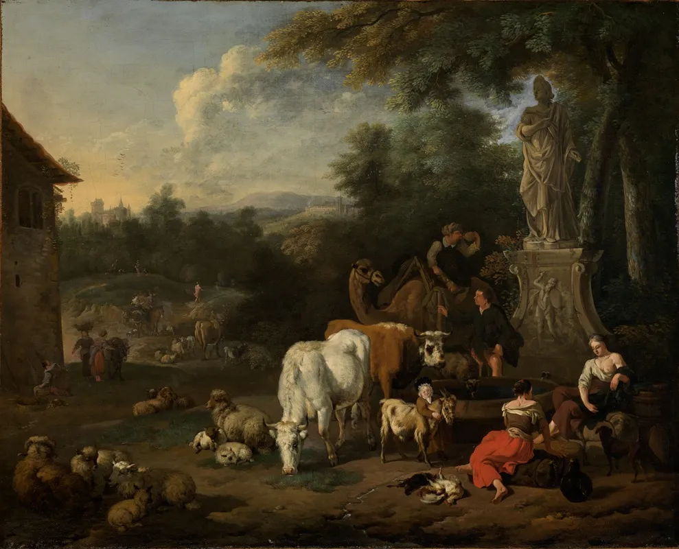 Resting Shepherds With Their Flock And Travelers At A Well Wall Art by Adriaen Oudendijk - High-Resolution Digital Print