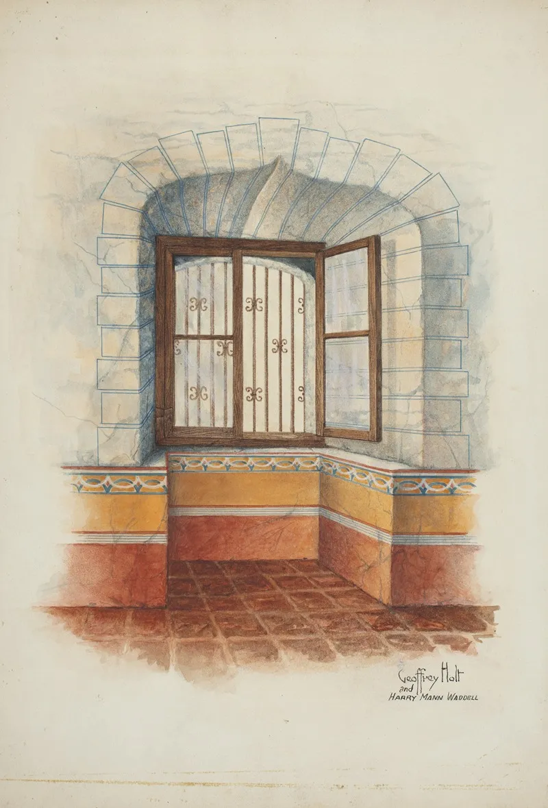 Restoration Drawing Wall Painting Around Window With Grille Wall Art by Geoffrey Holt and Harry Mann Waddell - High-Resolution Digital Print