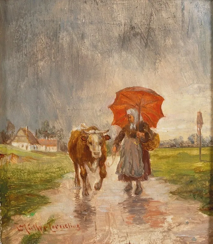 Returning Home With Red Umbrella Wall Art by Ludwig Müller-Cornelius - High-Resolution Digital Print