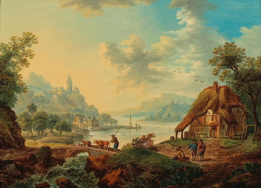 Rhenish River Landscape With Countryfolk 2 Wall Art by Franz Hochecker - High-Resolution Digital Print