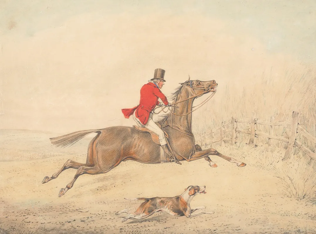 Rider On A Brown Horse About To Jump A Rail Fence To The Right
