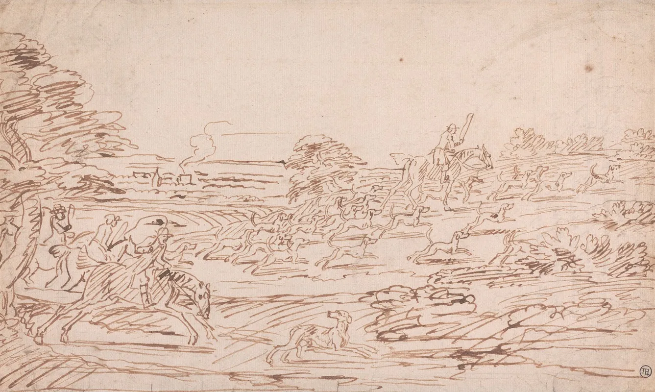 Riders And Hounds In An Open Landscape