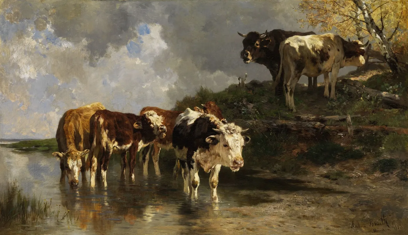 Rinder An Der Tranke Wall Art by Anton Braith - High-Resolution Digital Print