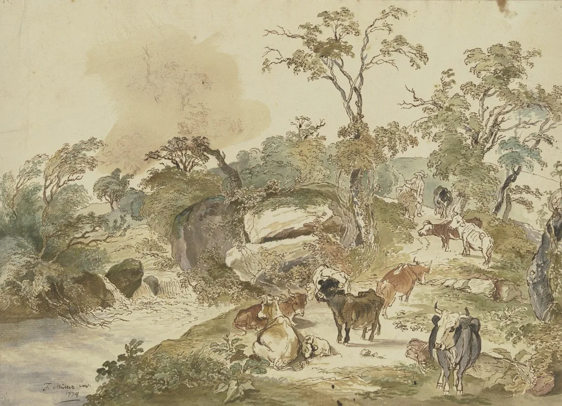 Rinderherde An Einem Bach Im Hintergrund Der Hirte Wall Art by Friedrich Müller - High-Resolution Digital Print