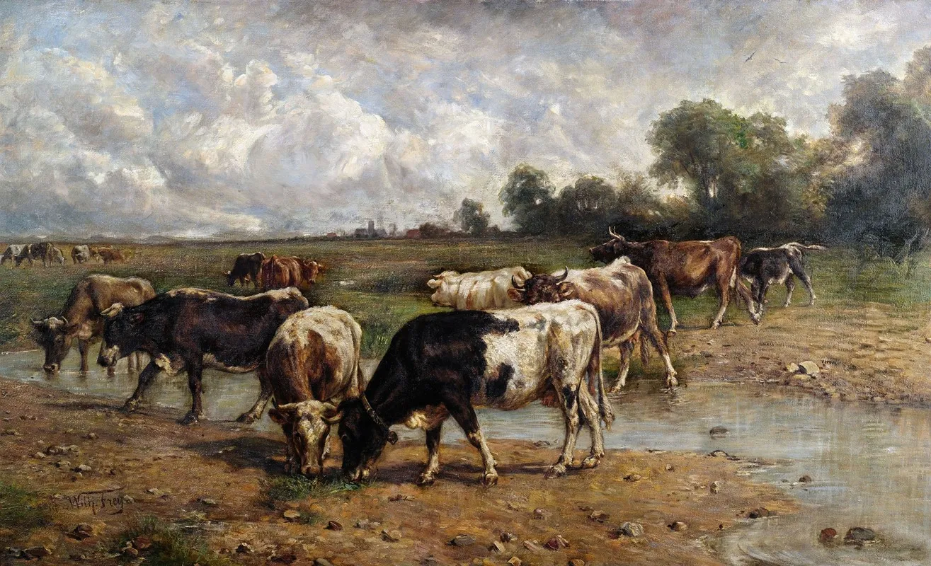 Rinderherde An Einer Wasserstelle In Weiter Landschaft Wall Art by Wilhelm Frey - High-Resolution Digital Print