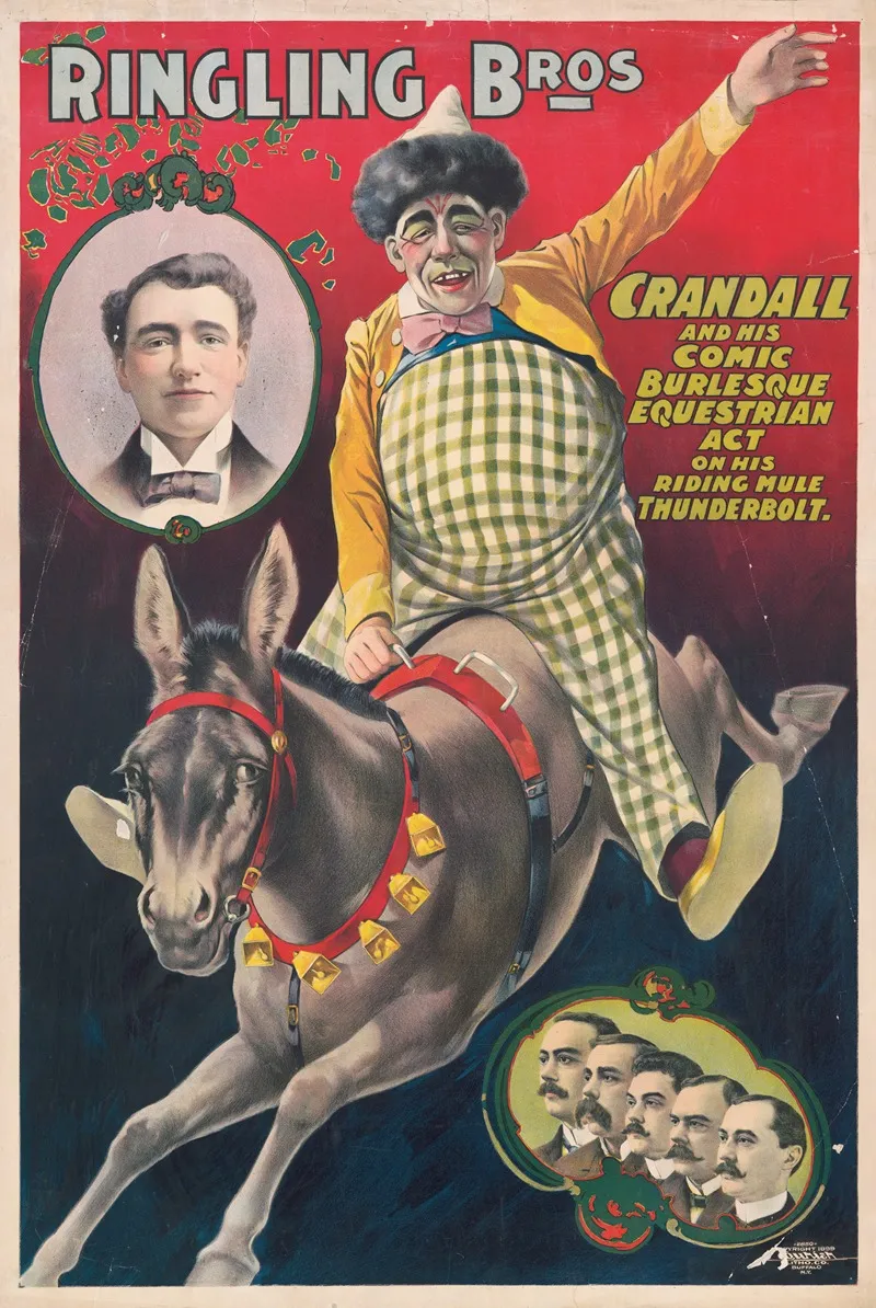 Ringling Bros Crandall And His Comic Burlesque Equestrian Act On His Riding Mule Thunderbolt Wall Art by Courier Litho. Co. - High-Resolution Digital Print