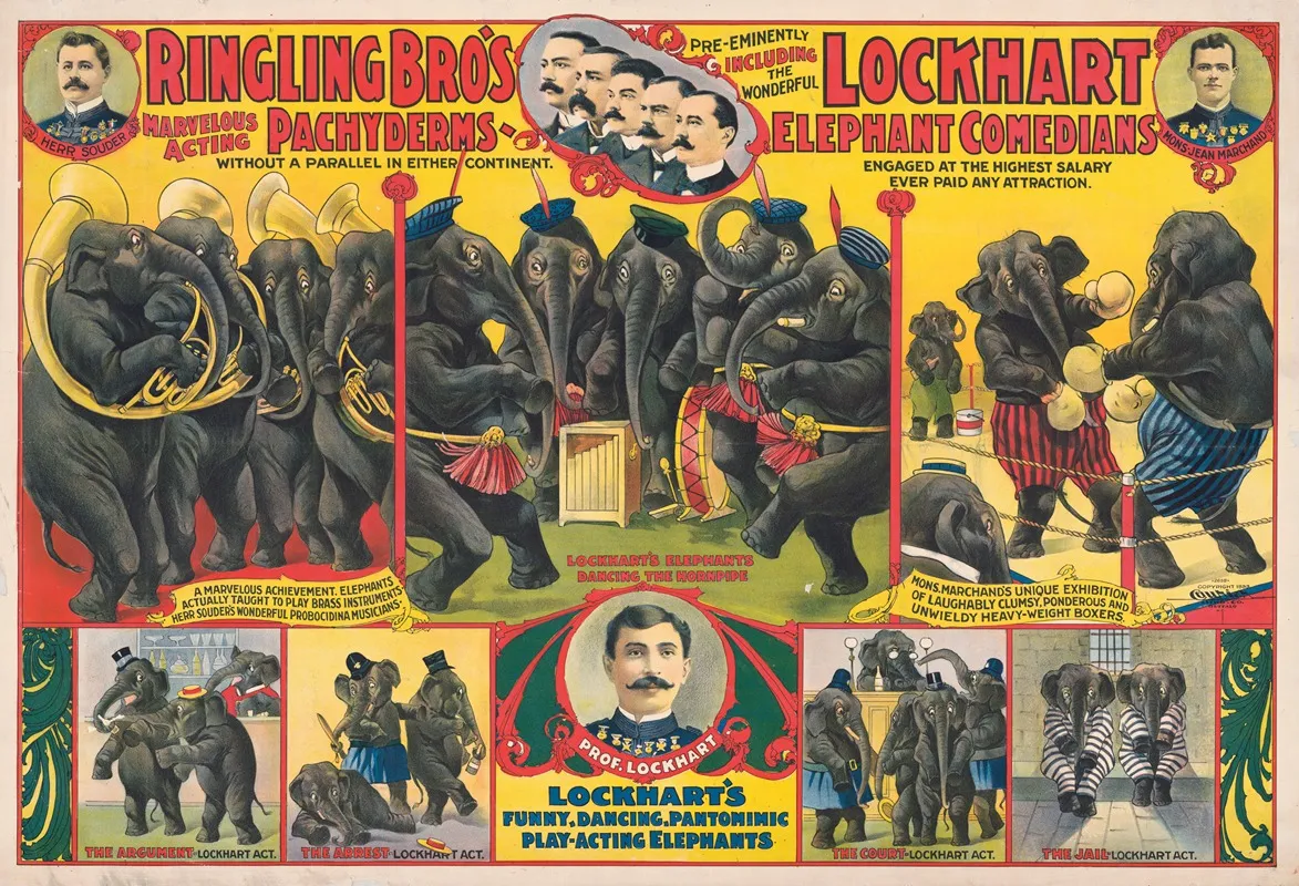 Ringling Bros Marvelous Acting Pachyderms Lockhart Elephant Comedians Wall Art by Courier Litho. Co. - High-Resolution Digital Print