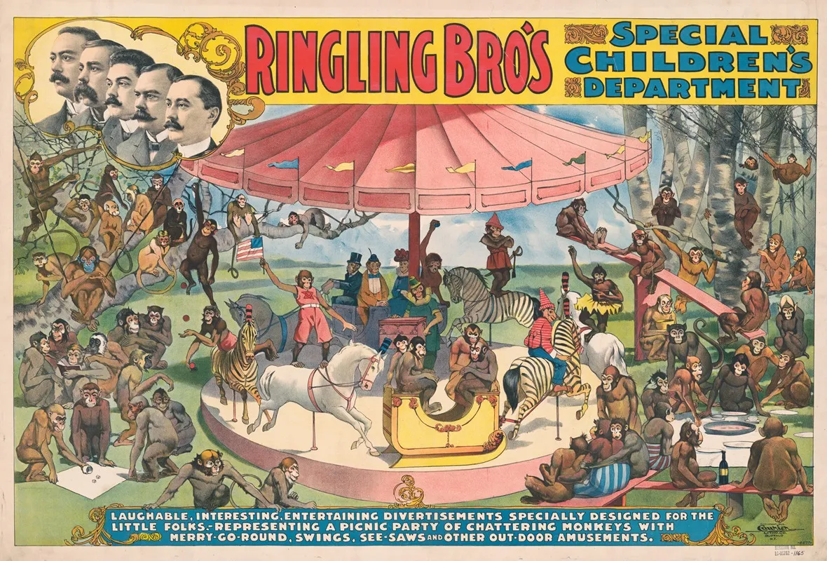 Ringling Bros Special Childrens Department Divertisements Of Chattering Monkeys With Merry Go Round Wall Art by Courier Litho. Co. - High-Resolution Digital Print