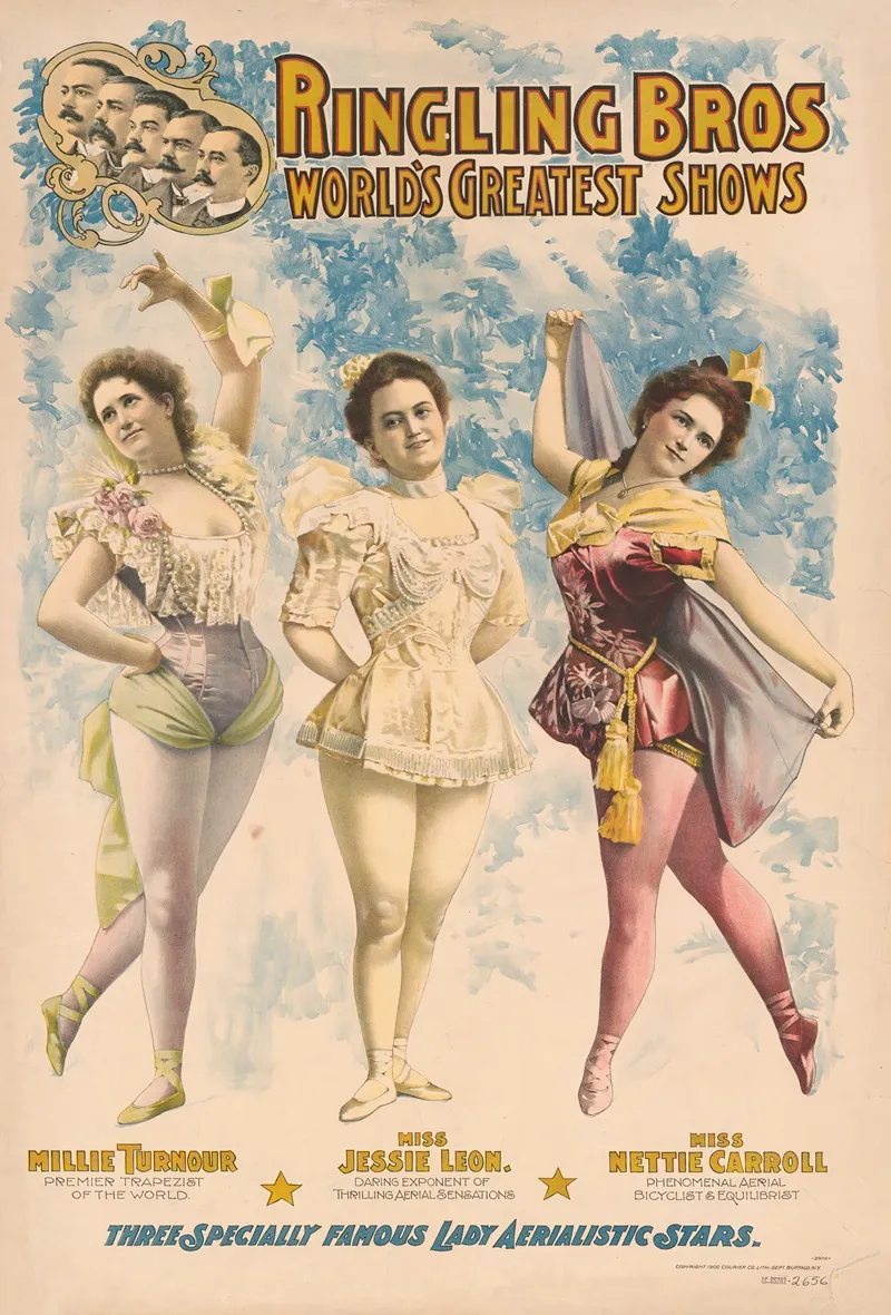 Ringling Bros Worlds Greatest Shows Millie Turnour Jessie Leon Nettie Carroll Three Specially Famous Lady Aerialistic Stars Wall Art by Courier Litho. Co. - High-Resolution Digital Print