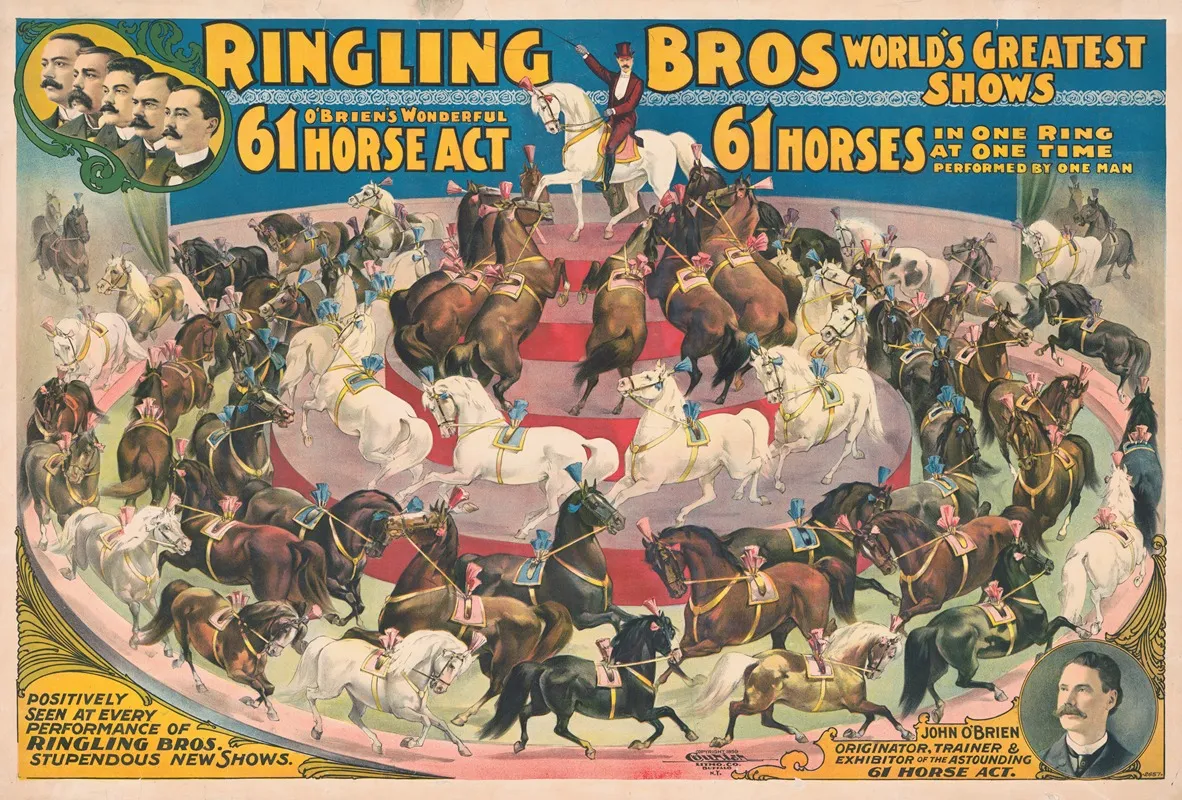 Ringling Bros Worlds Greatest Shows Obriens Wonderful 61 Horse Act In One Ring At A Time Wall Art by Courier Litho. Co. - High-Resolution Digital Print