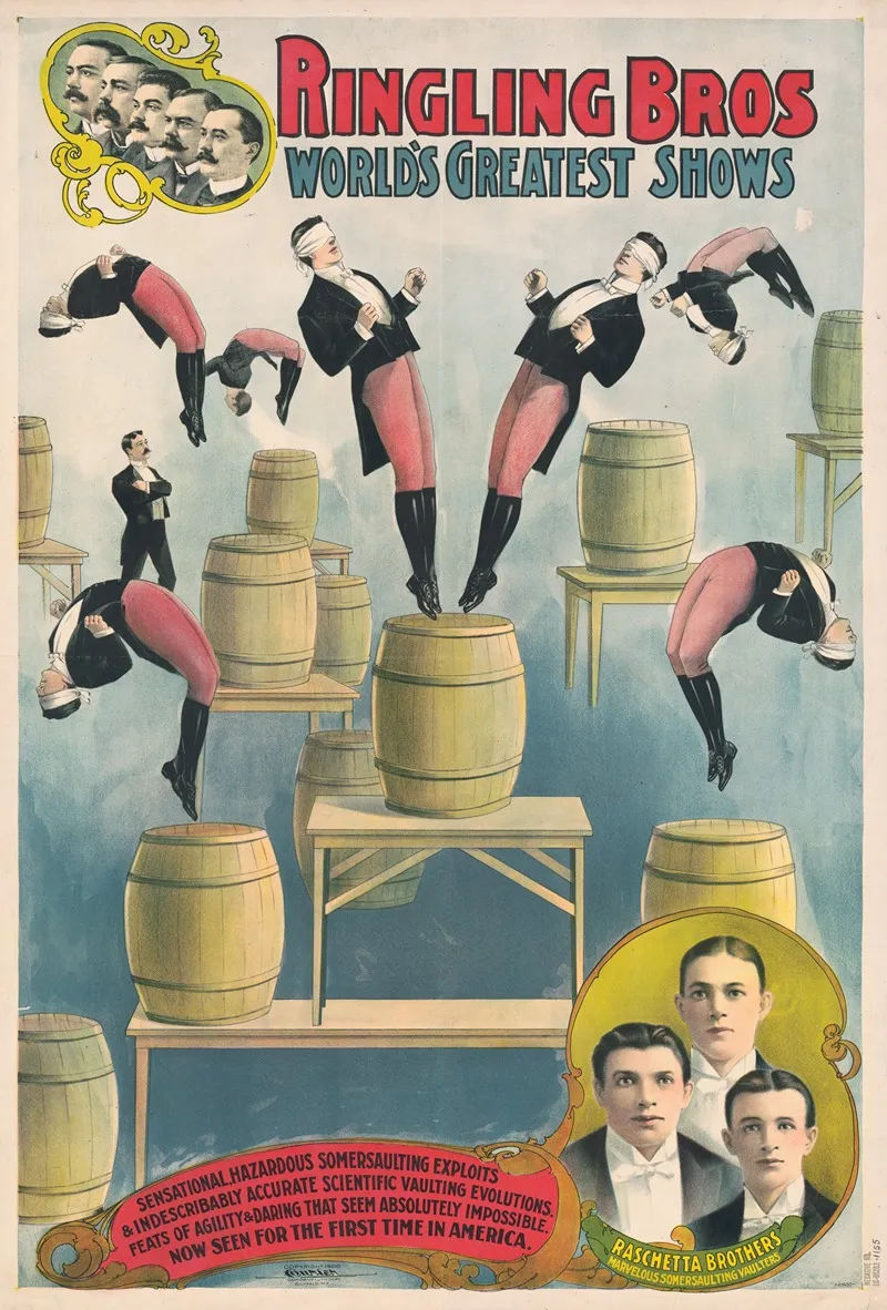 Ringling Bros Worlds Greatest Shows Raschetta Brothers Marvelous Somersaulting Vaulters Wall Art by Courier Litho. Co. - High-Resolution Digital Print