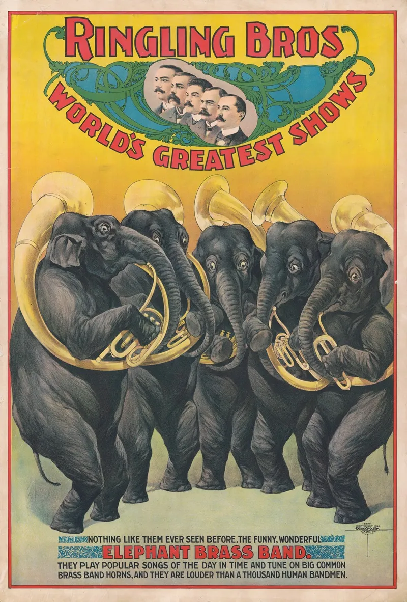 Ringling Bros Worlds Greatest Shows The Funny Wonderful Elephant Brass Band Wall Art by Courier Litho. Co. - High-Resolution Digital Print