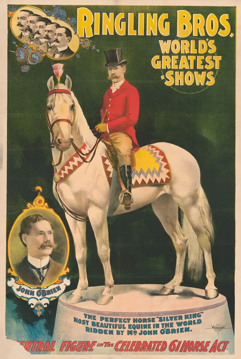 Ringling Bros Worlds Greatest Shows The Perfect Horse Silver King Ridden By Mr John Obrien Wall Art by Courier Litho. Co. - High-Resolution Digital Print