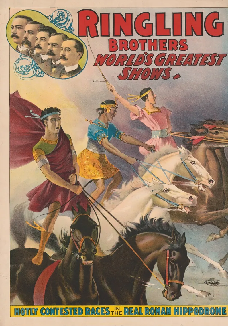 Ringling Brothers Worlds Greatest Shows Hotly Contested Races In The Real Roman Hippodrome Wall Art by Courier Litho. Co. - High-Resolution Digital Print