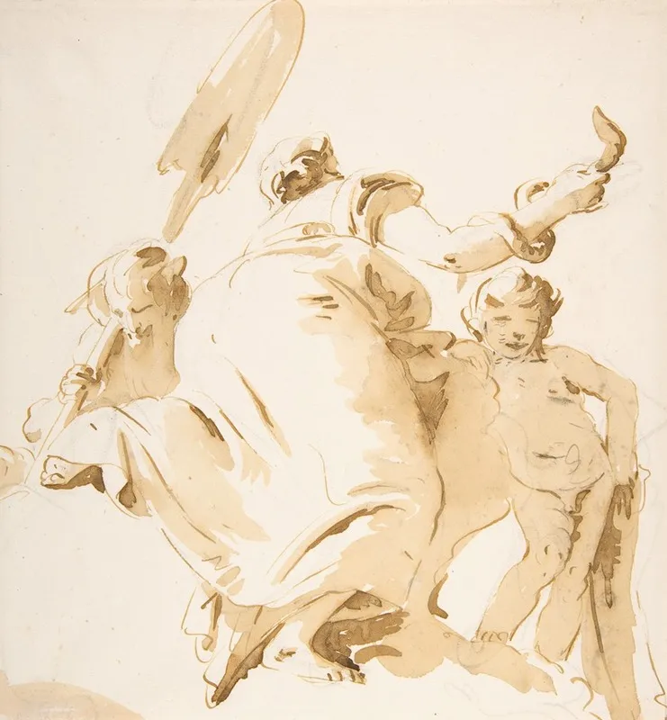 River God With An Oar Woman Holding A Serpent And A Standing Nude Boy Wall Art by Giovanni Battista Tiepolo - High-Resolution Digital Print