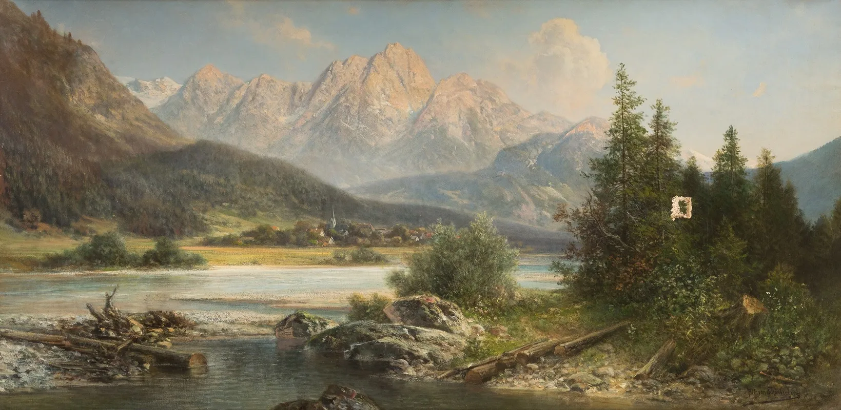 River Landscape At The Foot Of The Alps Wall Art by Alfred Karl Julius Von Schönberger - High-Resolution Digital Print