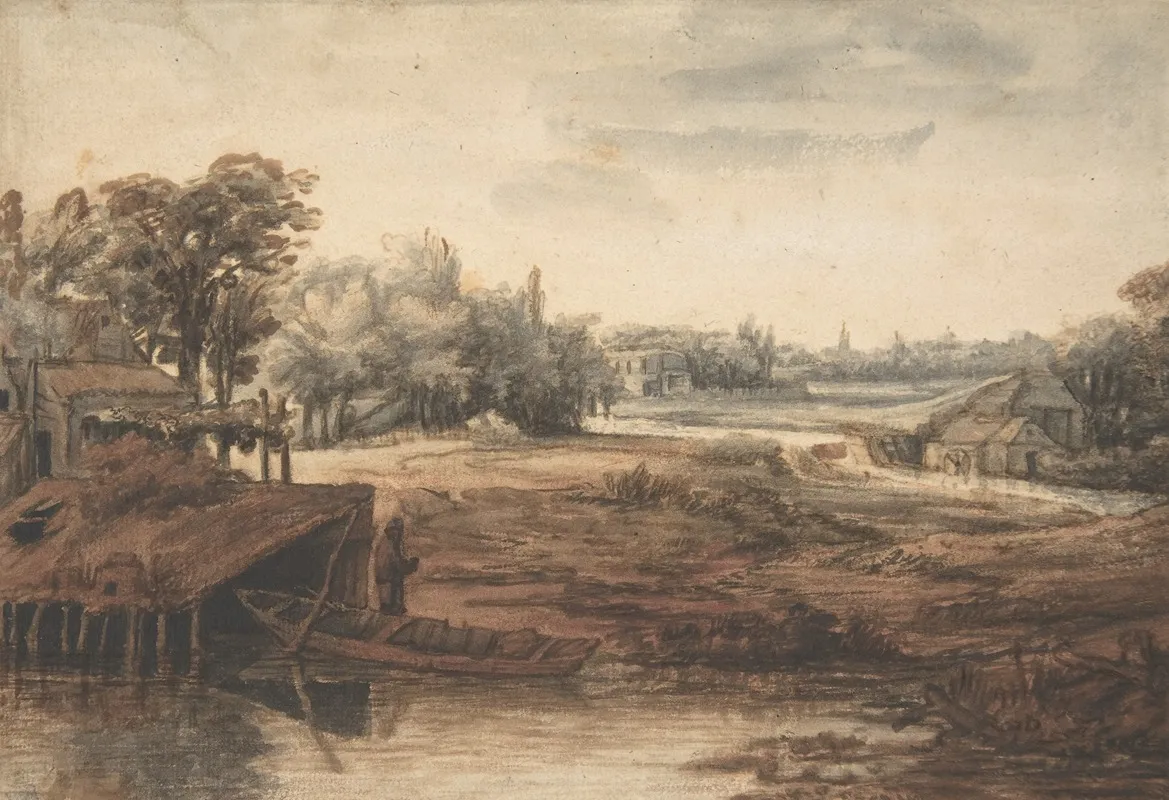River Landscape With A Man Standing By A Boathouse Wall Art by Philips Koninck - High-Resolution Digital Print