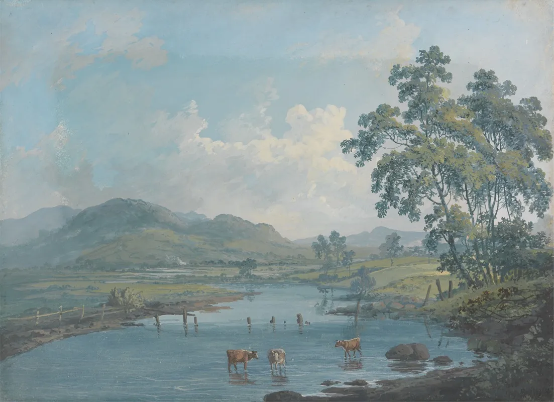 River Landscape With Cattle Watering Wall Art by John Laporte - High-Resolution Digital Print