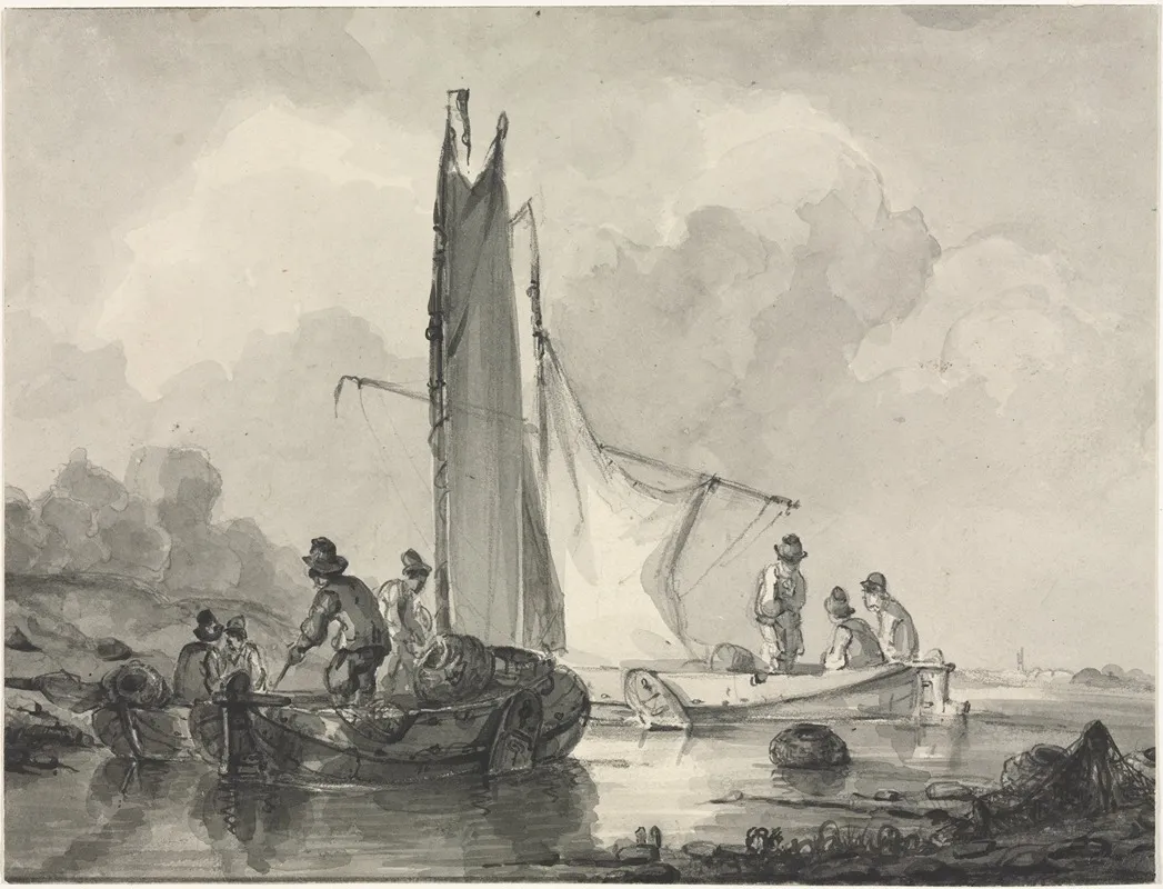 River Landscape With Fisherman And Three Boats Wall Art by Albertus Van Beest - High-Resolution Digital Print