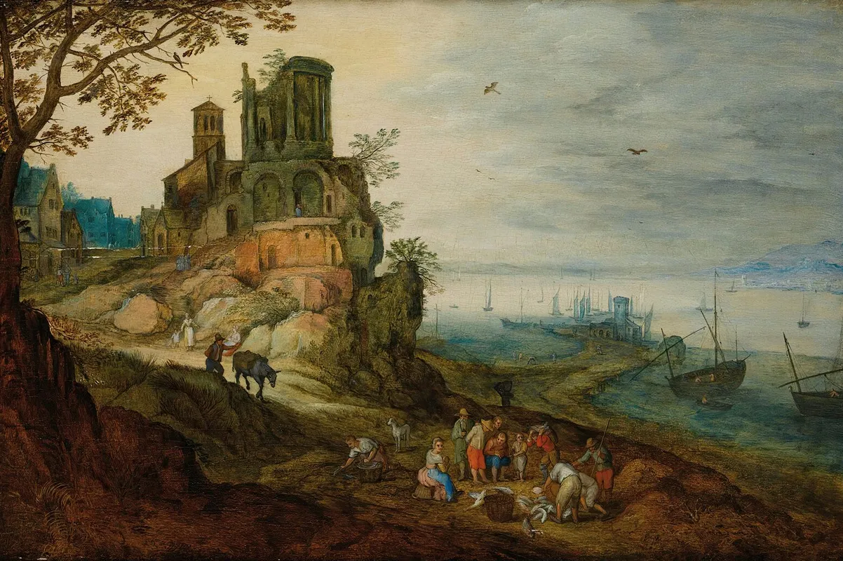 River Landscape With Fisherman Wall Art by Workshop Of Jan Brueghel The Younger - High-Resolution Digital Print